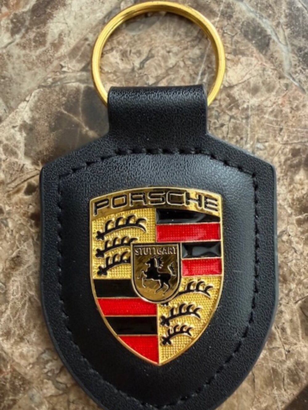 NIB Genuine Porsche Crest Key Ring - Black Leather